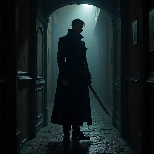 an image of a gentleman of the assassin's guild waiting in a dark doorway with a long dagger in his hand