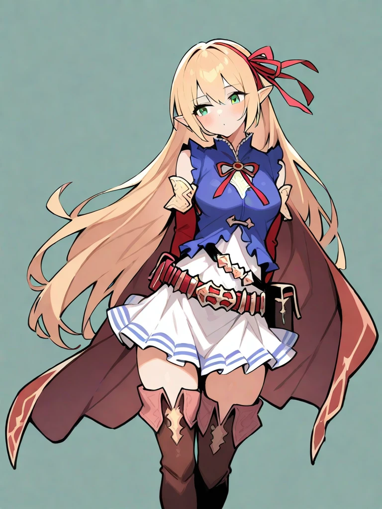 ,1girl,solo,simple background,arisa\(shadowverse\),long hair,green eyes,blonde hair,pointy ears,thighhighs,belt,ribbon,boots,hair ribbon,elf,<lora:Shadowverse-000006>, masterpiece, best quality, very aesthetic, absurdres