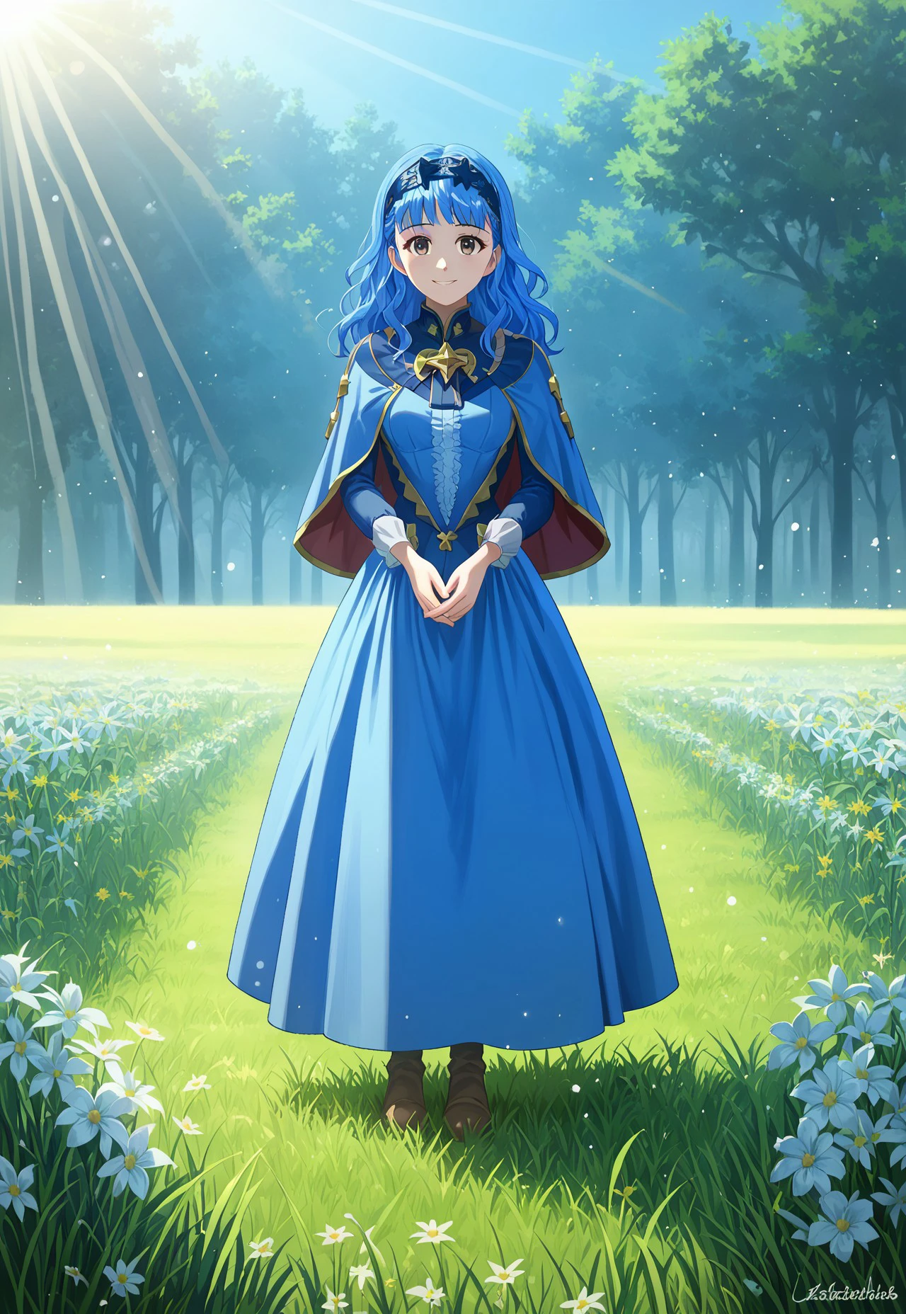 masterpiece, 1girl, full body, solo, looking at viewer, smile, outdoors, grass, flowers, masterpiece, best quality,  long hair, blue dress, capelet, hairband, smiling, facing viewer, looking at viewer, sunlight, scenery, spotlight, pasture, light particles, (((blue hair))), 