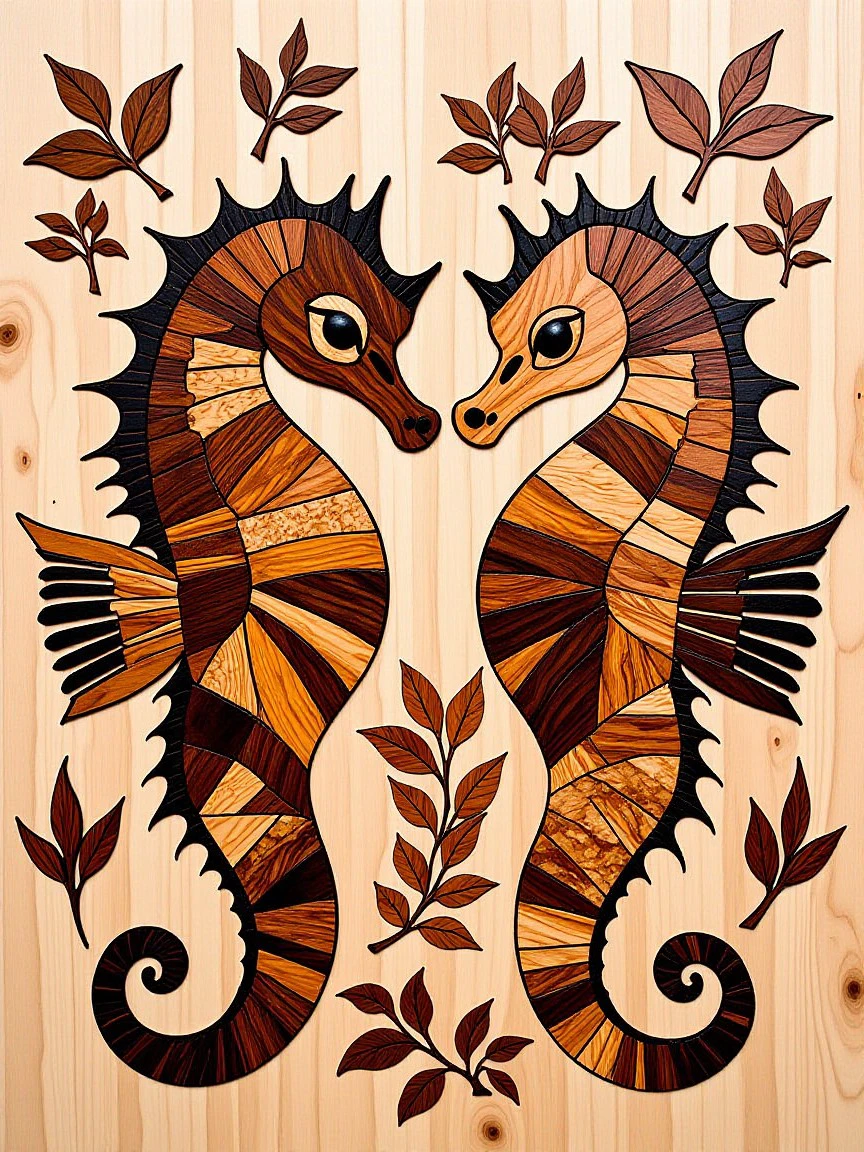 cs-m4rq style exotic wood marquetry seahorse on a Norway spruce background.  <lora:Marquetry_v1_e8:1>