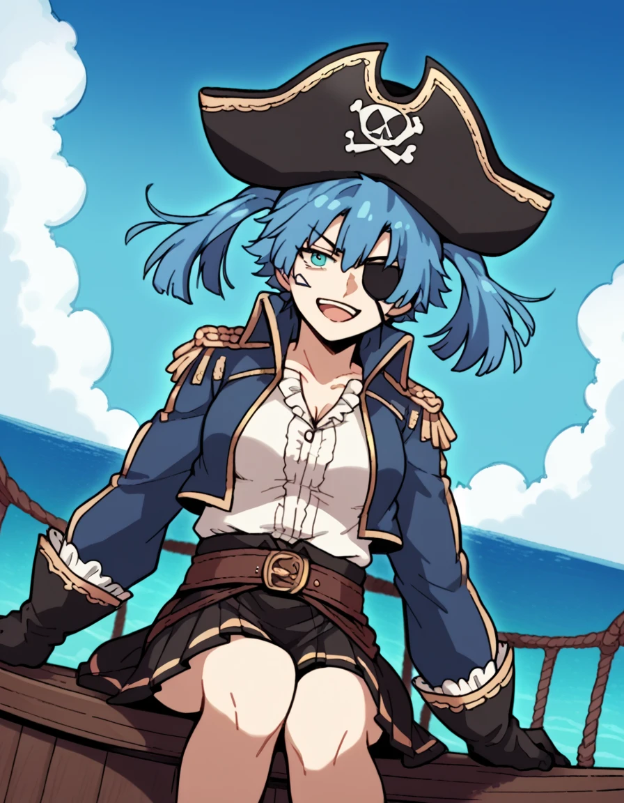 score_9, score_8_up, score_7_up, source_anime, <lora:takane-enomoto-s1-ponyxl-lora-nochekaiser:1>, takane enomoto, blue eyes, twintails, blue hair, medium breasts,, <lora:pirate-costume-ponyxl-lora-nochekaiser:1>, pirate costume, pirate hat, skirt, gloves, jacket, shirt, eyepatch,, blue sky, sea, ocean, pirate ship, treasure, gold, smug, open mouth, from below, sitting,, , dutch angle, cowboy shot