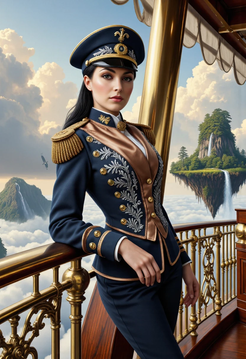 highly detailed and intricate classic victorian era portrait of a beautiful female steampunk admiral, capturing elegance and realism through soft, detailed brushstrokes, blending steampunk with romanticism, adding refined, luxurious textures and a soft, glowing atmosphere, muted colors, on the deck of an opulent airship sailing high above the clouds, the dramatic sky forms a vast backdrop, scattered with soft, painterly clouds, and in the far distance a lush, floating wooded island, ethereal and dreamlike, suspended in mid-air, its verdant greens softened by mist, in the foreground, the airship's deck is lined with intricate brass railings polished to a fine gleam, accented by rich, mahogany wood inlays that reflect light, while in the background the soft, billowing clouds stretch across the sky, the distant floating island with delicate foliage and faintly glowing waterfalls adds a fantastical touch, the central figure, a beautiful female admiral with black hair and an admiral's hat, commands attention with an aura of refined grace, her stance calm yet assertive, her uniform is both military and noble, exquisitely adorned with fine embroidery, delicate gold accents, and subtle metallic details, a richly embellished tricorn hat adds a touch of nobility and distinction, her expression is serene and contemplative, her gaze directed beyond the viewer, her eyes reflecting wisdom and strength, her ornate uniform, in shades of navy blue and deep bronze, is embellished with finely crafted silver embroidery and brass buttons, each detail illuminated softly, her hand rests gracefully on the polished brass railing, evoking elegance and control, her posture dignified and slightly angled to reveal the ornateness of her attire, a three-quarter portrait, from the waist up, rendered in a traditional style, the eye-level perspective creates an intimate connection, as if capturing a formal sitting, the floating island covered in lush forest is softly visible over her shoulder in the distance, adding subtle layers of mystique to the composition, gentle, diffused light creates a soft glow across her face and uniform, bathing her features in warm, golden highlights that evoke sunlight on fine silk and polished brass, the light casting a delicate glow onto the brass accents and embroidered details, lending an almost ethereal quality to the scene, the distant floating island is bathed in faint, mystical hues, enhancing the portrait's romantic allure, oil on canvas, with layered, flowing brushstrokes, capturing the delicate interplay of light and shadow on fabric, metal, and skin, ethereal, 19th century victorian oil painting by ernest normand,