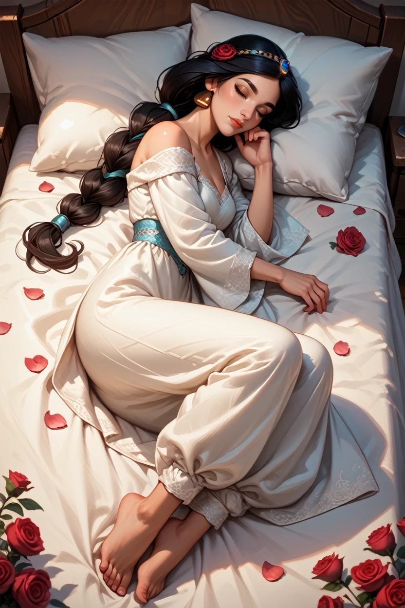 score_9, score_8_up, score_7_up,
<lora:DisyneyJasmine:0.8>
DisyneyJasmine, 1girl, black hair, brown eyes, braid, long hair, looking at viewer, sleeping in a bed, rose petals, closed eyes, full body