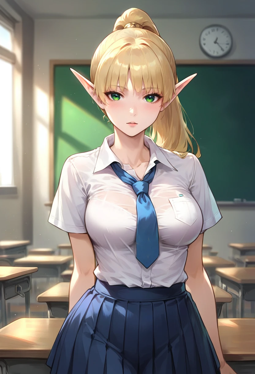 core_9, score_8_up, score_7_up, (masterpiece, best quality, very aesthetic, ultra detailed, source anime, anime, intricate details), 1girl,<lora:LiyaDNWD:0.6>, liya, elf, blonde hair, ponytail, medium breasts, green eyes, school uniform, white shirt, pleated skirt, blue tie, blue skirt, standing, indoors, classroom, blurred background, front view, <lora:Nakatori(style)PDXL:0.6>