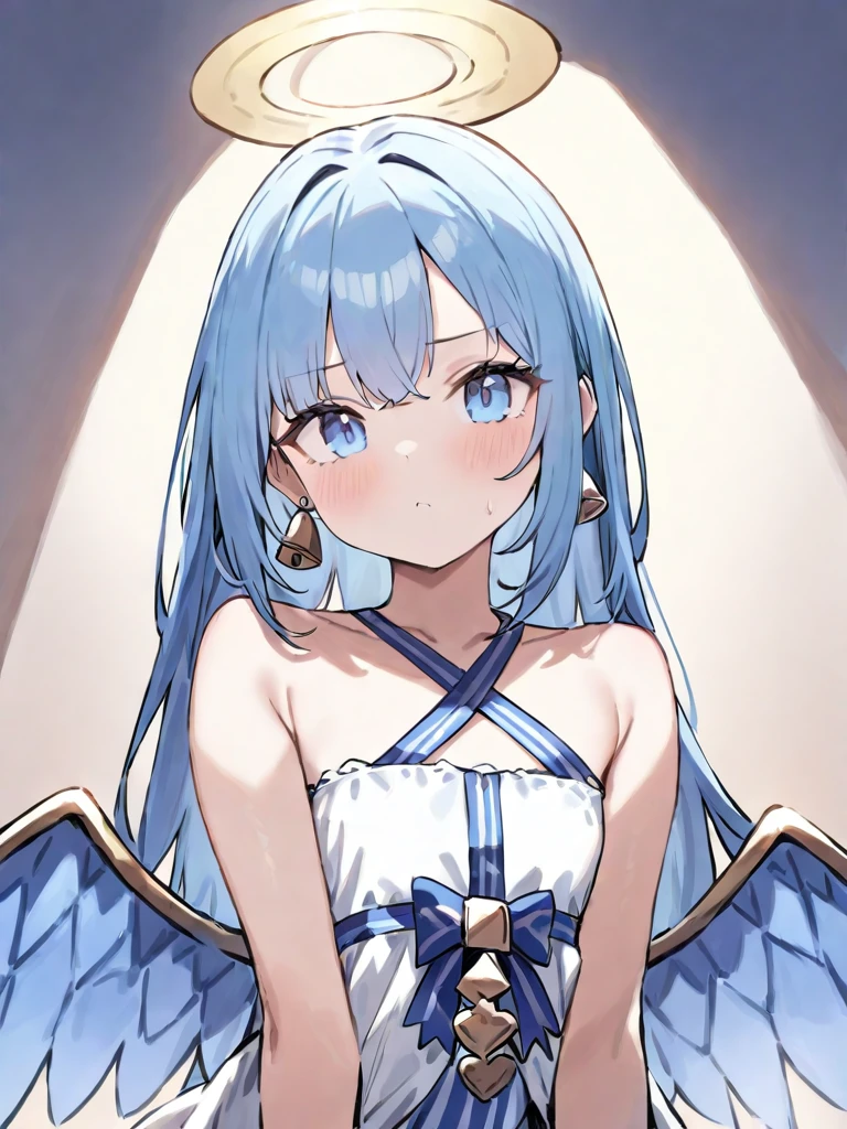 ,ringbell angel\(shadowverse\),halo,blue eyes,blue hair,wings,long hair,dress,halterneck,jewelry,earrings,white dress,bangs,bare shoulders,<lora:shadowverse-000004:1>, masterpiece, best quality, very aesthetic, absurdres