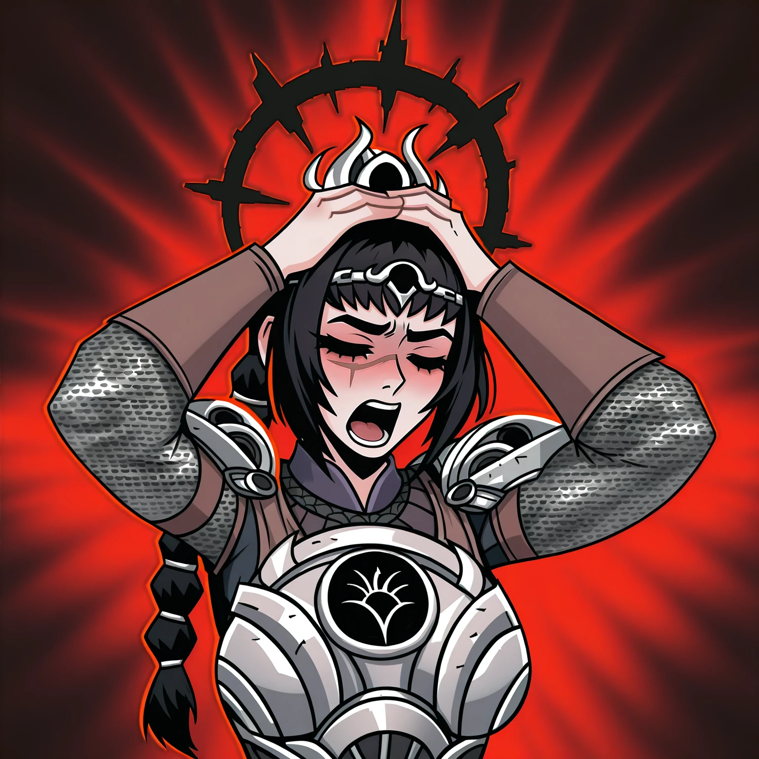 masterpiece, best quality, very aesthetic, absurdres BREAK
1girl, solo, shadowheart, black hair, braided ponytail, scar on face, circlet, armor, large breasts,
affliction, black halo, hands on own head, closed eyes, pain, open mouth,
upper body, solo, red background, black background  <lora:AfflictionIllustriousXL_byKonan:1>   <lora:ShadowHeartIllustrious_byKonan:0.8>