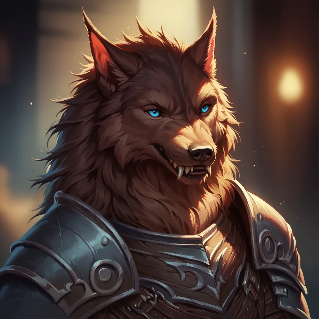 (((detailed, beautiful, high quality))), score_9, score_8_up, score_7_up, upper body, 
werewolf, furry wolf, fangs, tail,
1 male, brown fur, blue eyes, armor,
blurred background, fantasy background, rustic background, dark background,