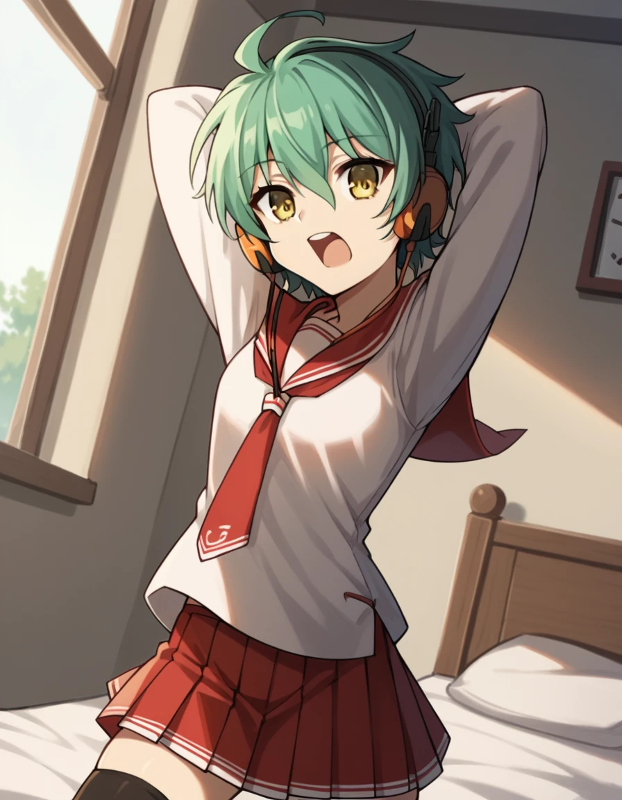 score_9, score_8_up, score_7_up, source_anime, <lora:hidannoaria-reki-s1-ponyxl-lora-nochekaiser:1>, reki, yellow eyes, green hair, headphones, short hair, skirt, thighhighs, school uniform, serafuku, zettai ryouiki, white shirt, long sleeves, red sailor collar, necktie, red necktie, red skirt, pleated skirt,, bedroom, alarm clock, morning routine, yawning, stretching, on bed,, smile, hands behind head,, looking at viewer, solo,, dutch angle, cowboy shot