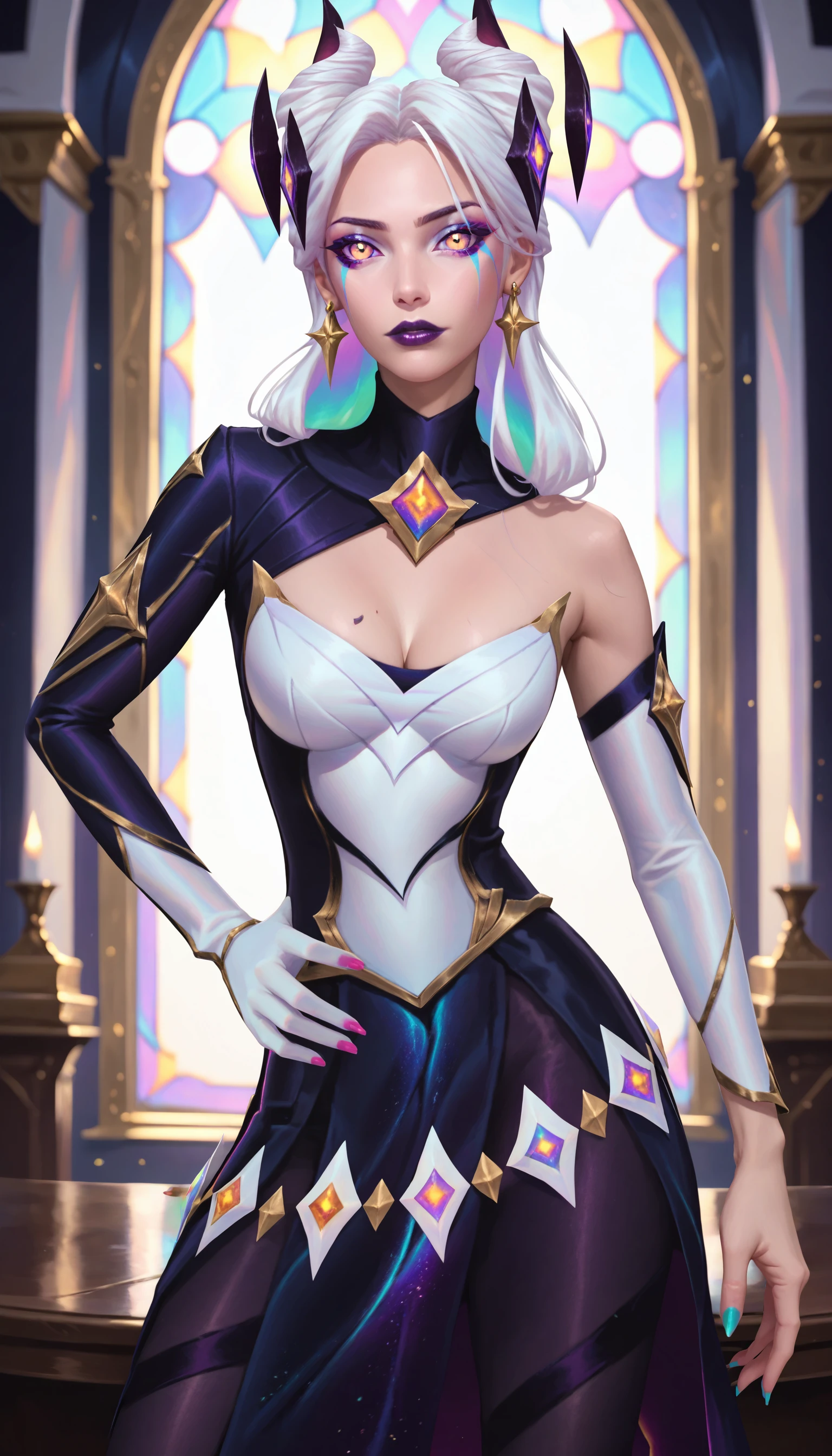 score_9, score_8_up, score_7_up, (solo, 1girl), absurdres, ,highres, official wallpaper), (masterpiece, best quality:1.2), (illustration, realistic), (perfect details, highest detailed, extreme detailed),
star nemesis morgana, source_league_of_legends, white hair, long hair, breasts, looking at viewer, bangs, dress, cleavage, jewelry, medium breasts, earrings, boots, detached sleeves, horns, nail polish, colored sclera,pantyhose,single hand white glove, purple lipstick, makeup