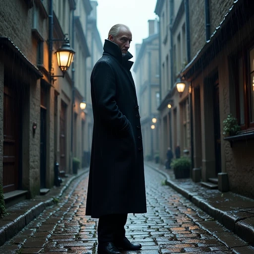 an image of lord vetinari standing in a cobbled medieval street in the rain