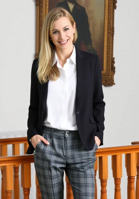 woman Blazer and tweed trousers<lora:Jenny_Poussin:1>âââ