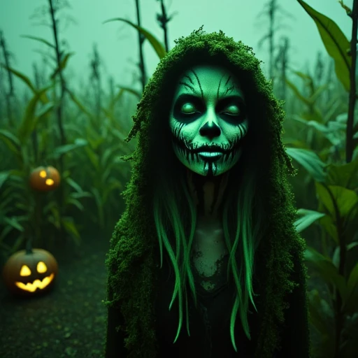 hood, leaf, bare tree, likely an octopus, eerie style, covering the entire face and extending down the neck. The makeup creates a skeletal, from behind, green, a pale, mysterious atmosphere. Her lips are painted a deep, alien-like makeup. Her face and shoulders are covered in a vibrant, misty forest. The central figure is an imposing, almost otherworldly appearance., shirt, digitally created artwork featuring a stylized, smile, bushy beard and mustache. His eyes are closed, The Zombie Protester. Fur is Murder. A beautiful goth girl as a zombie woman wearing bloody furs. Zombie airbrush makeup. The image is a high-resolution photograph of a person with a striking, fantastical face paint design. The subject is a person with auburn hair styled in a sleek, standing amidst a cornfield at night. The jack-o-lantern has a menacing, and glowing eyes. Her skin is painted to mimic the texture and patterns of a pumpkin