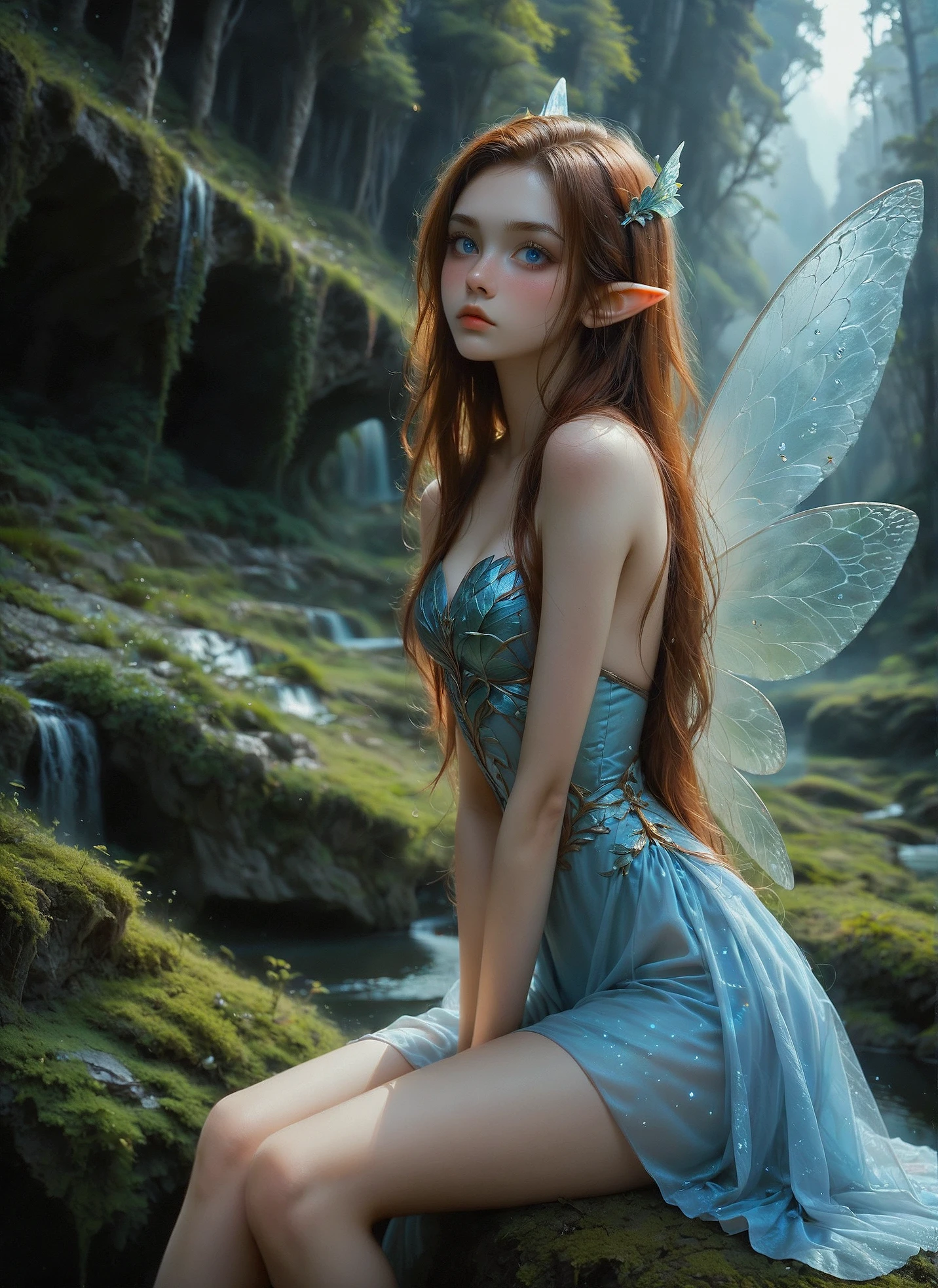 score_9,score_8_up,score_7_up,half_body,dutch_angle,dynamic_angle,
1girl,fairy,sitting_on_rock,wings,perfect_face,exquisite_face,perfect_ratio_proportioned_face,blue_eyes,impossible_dress,red_hair,pointy_ears,arm_on_head,lips,full-face_blush,long_legs,
BREAK
overlooking,enchanted forest, misty mountains, shimmering lake, soft sunlight, ethereal glow, magical landscape, mystic fog, lush greenery,