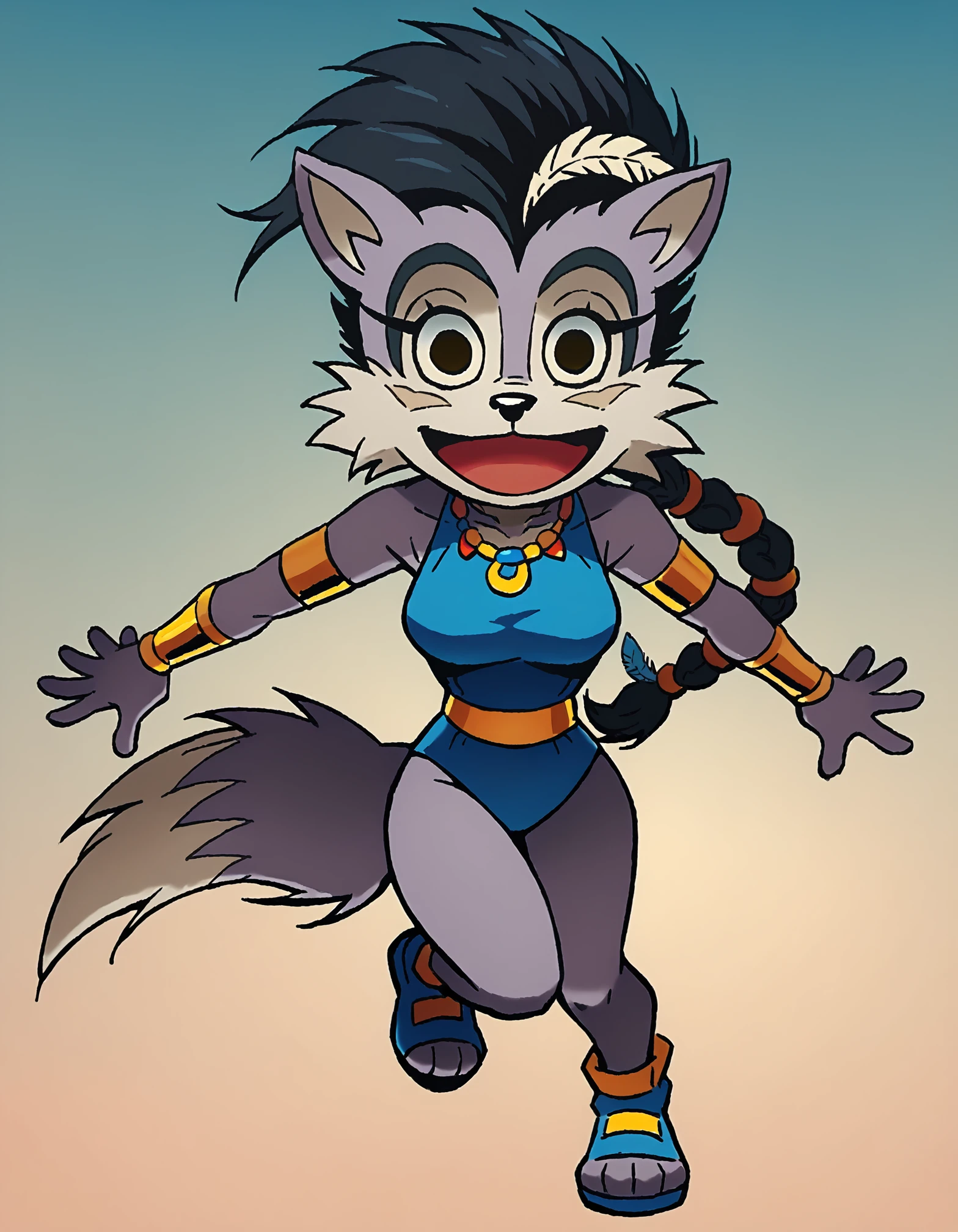 score_9, score_8_up, <lora:Lupe_the_wolf_r1:0.8>, Lupe the wolf, anthro wolf, 1girl, mohawk, black hair, braided ponytail, blue leotard, armlet, necklace, gold footwear, feather hair ornament, <lora:NSPikariFace:1>, NSPikariFace, open mouth, smile, black eyes, big head, empty eyes