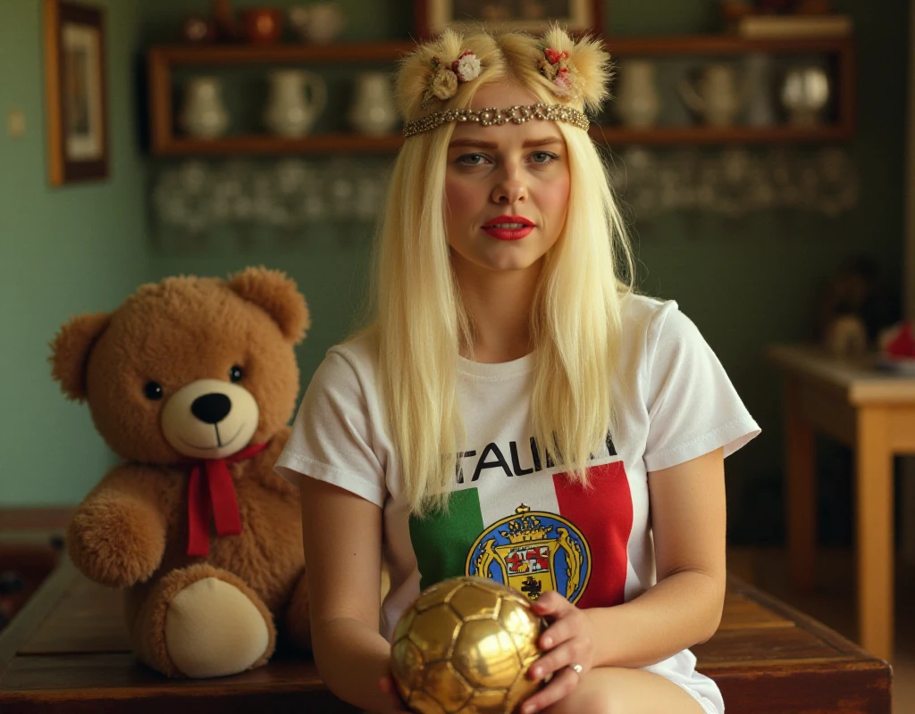 Cicciolina, a blond woman with hair ornement and red lipstick. She wears a italian soccer tshirt and hold the soccer worldcup. A teddybear is watching <lora:CicciolinaV2:0.9>