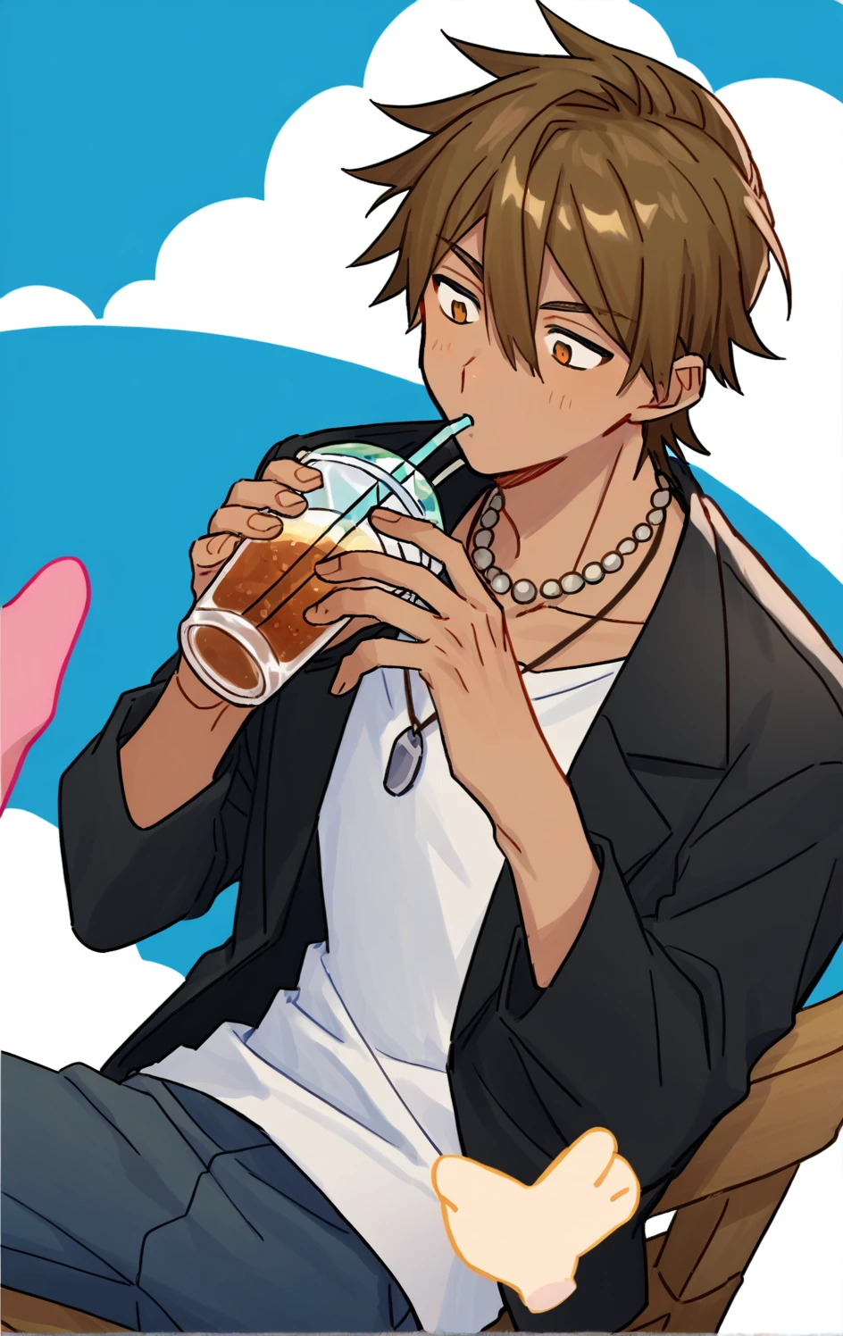 score_8_up,score_9_up,source_anime,1boy, solo_focus,gal boy,black jacket,white shirt,dark-skinned male,brown hair,necklace,jewelry, pants,drinking_straw