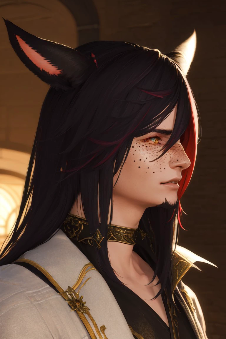 f4c32-miq0, solo, 1boy, male focucs, animal ears, miqo'te, freckles, cat ears, portrait, choker, hair ornament,  long hair, bangs, feathers, cinematic lighting, cinematic angle, best quality, masterpiece