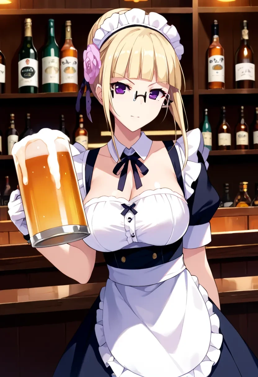 score_9, score_8_up, score_7_up, score_6_up,
masterpiece,

1girl, solo,

Mashiro, blonde hair, hair ornament, glasses, purple eyes, hair flower, bangs, blunt bangs, single hair bun, semi-rimless eyewear,

bar, maid, holding beer, looking at viewer,