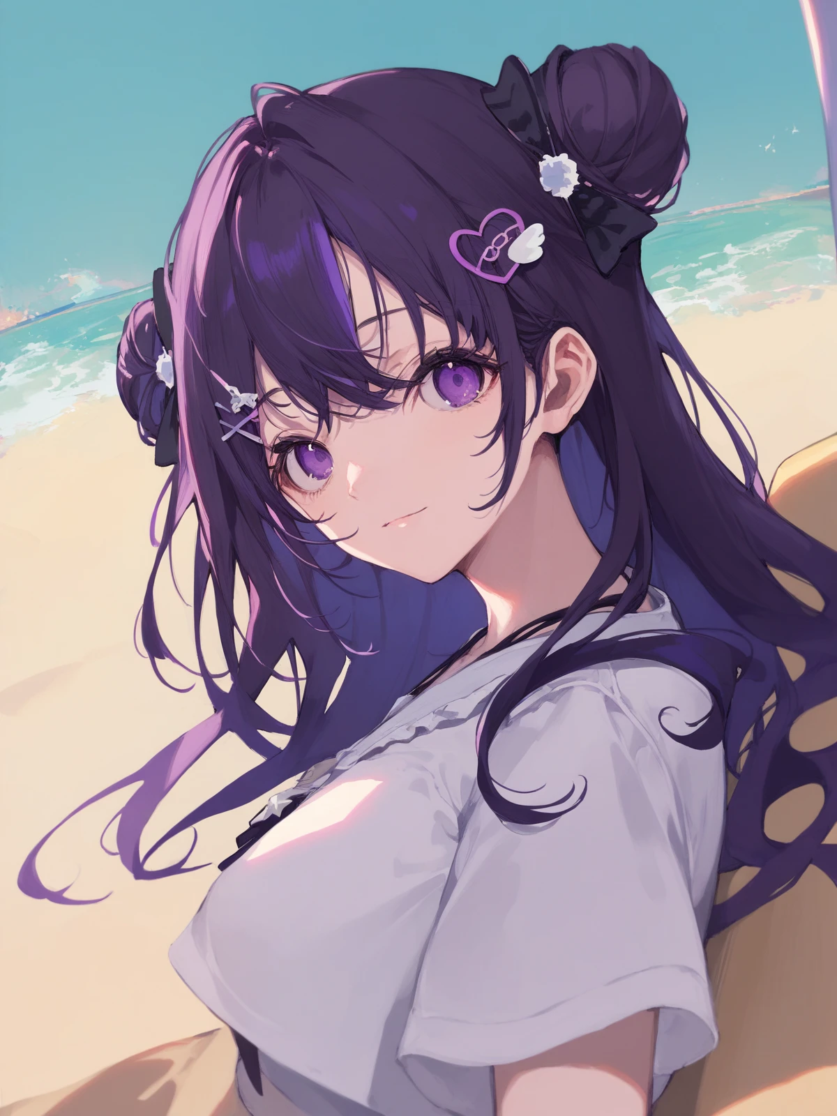 score_9_up, score_8_up, score_7_up, beach background, narin_mikure, 1girl, solo, long hair, hair ornament, dark purple hair, purple eyes, double bun, white shirt, looking at viewer,  <lora:narin_mikure:1>