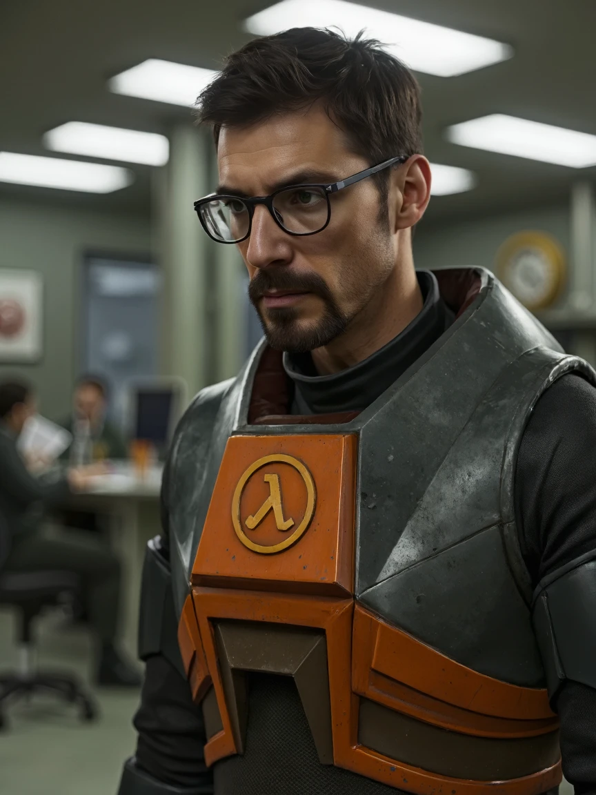 gordon freeman in hev suit and glasses, in a laboratory. He has a serious and thoughtful expression, looking away.
Background: soviet era laboratory, dystopian, artificial lighting.
Half body shot.