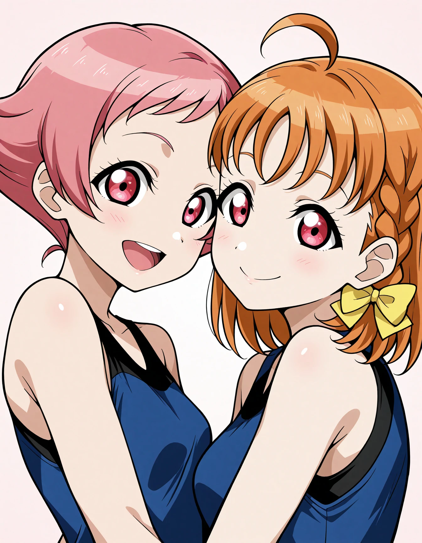 official style, 
<lora:Hyper8:0.5> 2girls, couple,
maylene \(pokemon\), pokemon dppt, pink hair, pink eyes,
takami chika, love live! sunshine!!,braid, hair bow, orange hair, red eyes, side braid, yellow bow, masterpiece, best quality, amazing quality, very aesthetic, absurdres