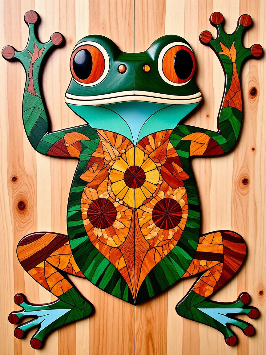 cs-m4rq style colored marquetry Frog.  <lora:Marquetry_v1_e8:1>