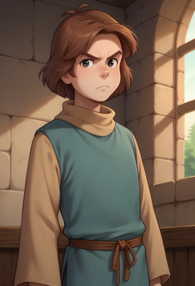 score_9, score_8_up, score_7_up, source_anime, highly detailed, 
cavin, 1boy, male focus, solo, brown hair, black eyes, tunic, long sleeves, blue tunic, brown sleeves, belt, rope belt, upper body, frown,
inside, castle.