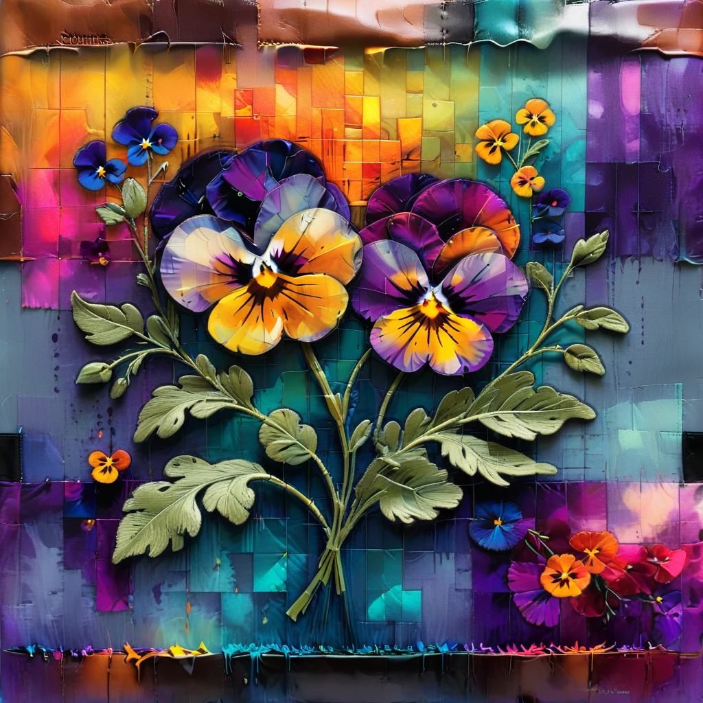 abstract floral print, pansy, pixelation, marker, fleece, dadaism style, Diffuse Lighting, vibrant tones, crosshatch pattern, foreground effect, embroidery accents, horizon-blending, leather-like texture, lacquered finish  <lora:artfully_SPIRITUALFADE:0.9>,