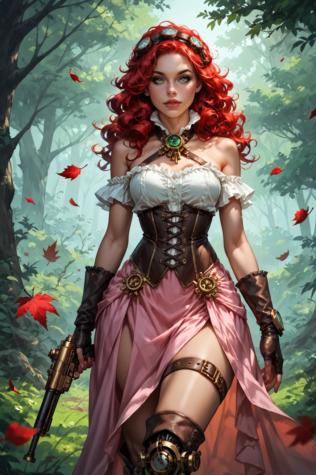 a woman in a rose pink dress holding a clockwork gun in a forest with trees and flowers around her, with a green background and a dark background with red leaves, (steampunk-style:1.2), curly hair, detailed hair, hair over shoulders, epic_fantasy_style, steampunk_style, steampunk clothing, 1girl, mechanical boots, corset, bare hips, bare shoulders, thigh strap, short skirt, frilled skirt, chain, forest, gloves, grass, gun, handgun, holding gun, holding weapon, leaf, long hair, nature, plant, red hair, rifle, solo, tree, weapon, realistic, (score_9, score_8_up:1.1), score_7_up, extreme_maximalism, incredibly absurdres, highres, vrays, overall_detail, face_detail, rating_explicit, (((fine_art_style))), insane_quality, insane_resolution, 16k_UHD, (supremely_detailed_art_style), insane_details, fine_details <lora:add-detail-xl:1> (zPDXLxxx:1.3), (zPDXL:1.3), (SimplepositiveXLv1:1.3) <lora:c0tt0nyXLP:0.6> c0tt0ny<lora:Expressive_H:0.6> Expressiveh, <lora:intricate_details:0.5> intricate_details_xl, (((6000_megapixels)))