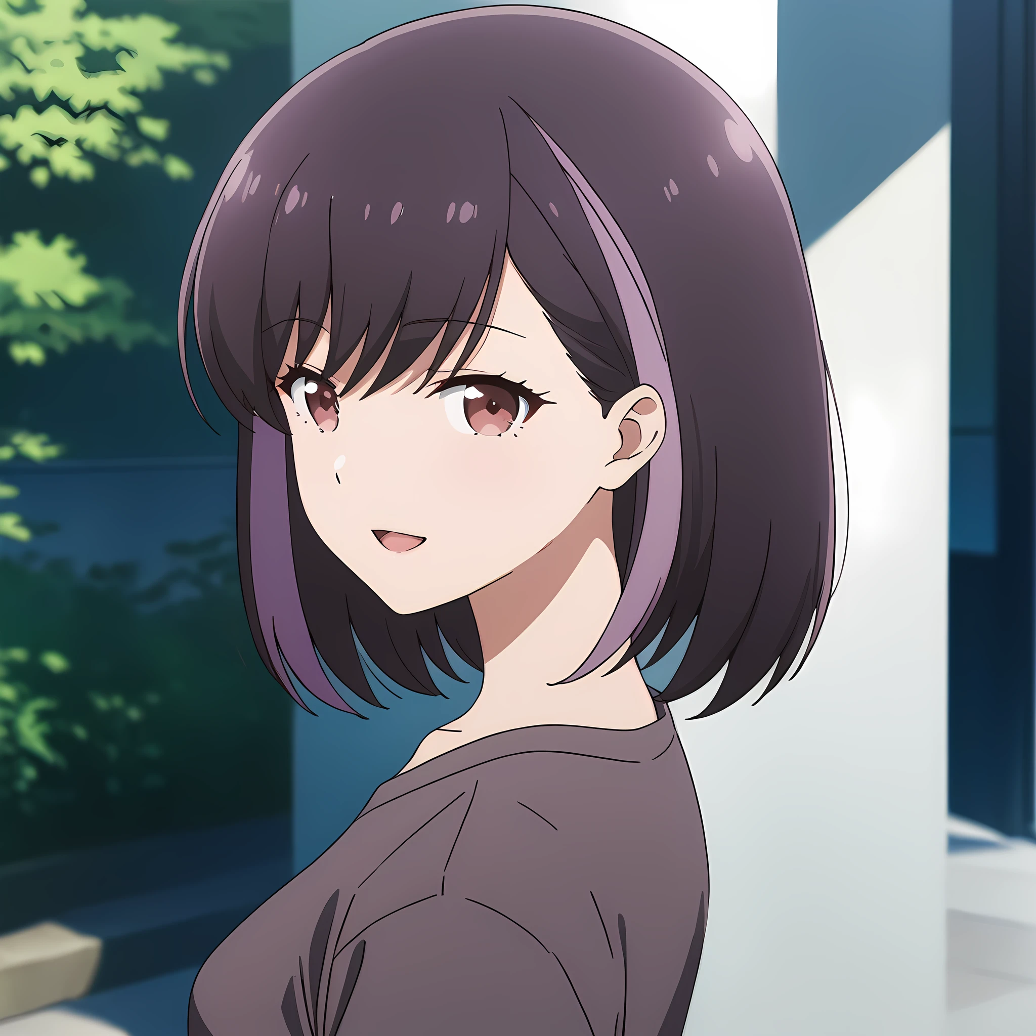 honjouji_rika, black hair, streaked hair, purple hair, brown eyes, short hair, bangs, smile, upper body view, medium breast, looking viewer, open mouth, <lora:XL-HonjoujiRika:1>, (masterpiece),(best quality),(ultra-detailed),(best illustration),(best shadow),(absurdres),(detailed background),(very aesthetic),