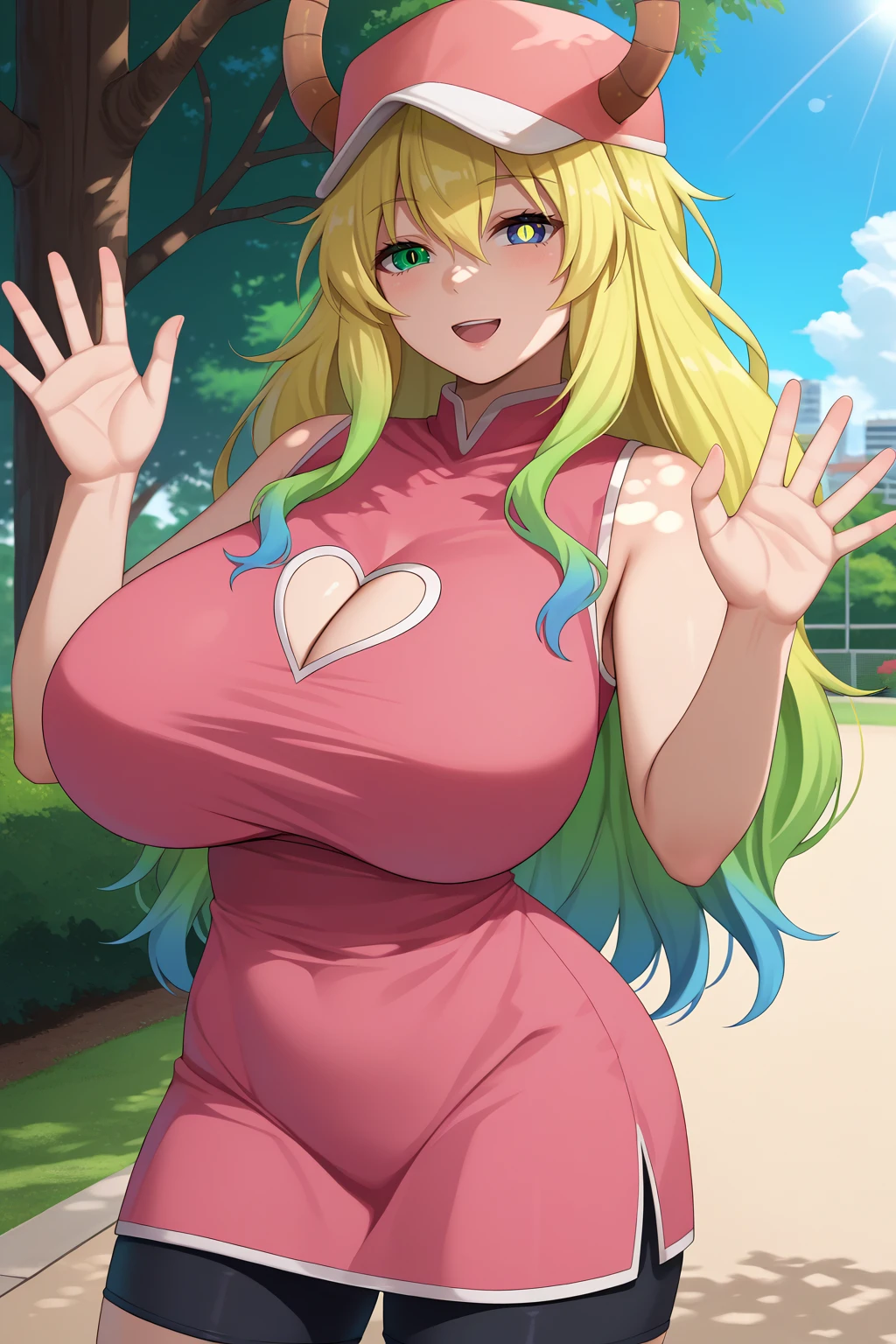 score_9, score_7_up, source_anime, cowboy shot, looking at viewer, smile, open mouth, mlc, dragon horns, huge breasts, heterochromia, green eyes, blue eyes, slit pupils, multicolored hair, blonde hair, green hair, blue hair, hair between eyes, baseball cap, horns through headwear, sleeveless dress, pink dress, cleavage cutout, heart cutout, bike shorts, black shorts, waving, outdoors, park, blue sky, dappled sunlight, tree, skyscraper, <lora:Hoseki_Maidragon_Lucoa_PDXL_v1:1>