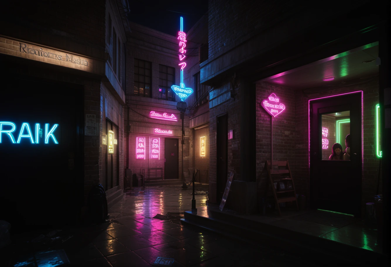 ,ruanyi1122,neon lights,building,glowing,door,
standing,3girls,revealing clothes,<lora:1122 red light district_v1_pony:1>, score_9,score_8_up,score_7_up,,8k,1girl,solo,,