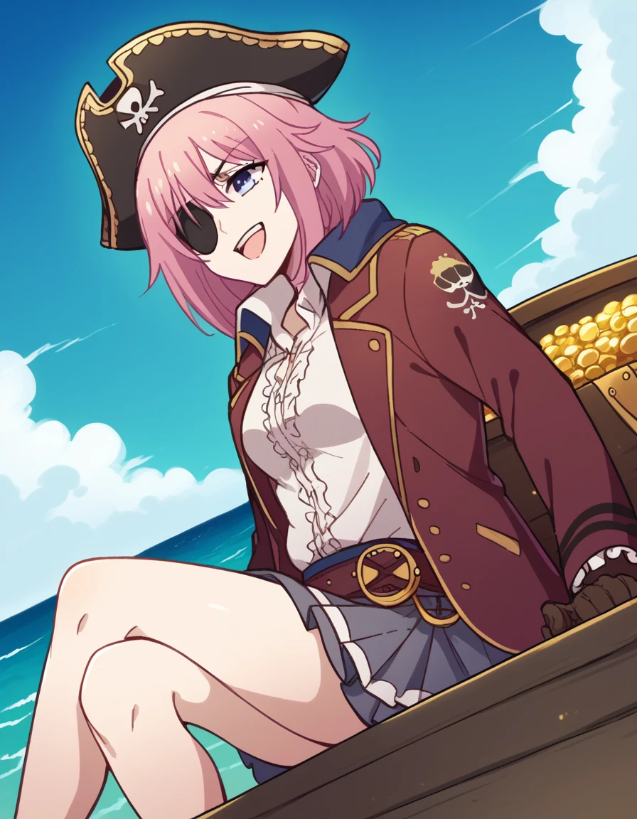 score_9, score_8_up, score_7_up, source_anime, <lora:matsuri-mizusawa-s1-ponyxl-lora-nochekaiser:1>, matsuri mizusawa, long hair, short hair, blue eyes, pink hair, medium breasts,, <lora:pirate-costume-ponyxl-lora-nochekaiser:1>, pirate costume, pirate hat, skirt, gloves, jacket, shirt, eyepatch,, blue sky, sea, ocean, pirate ship, treasure, gold, smug, open mouth, from below, sitting,, , dutch angle, cowboy shot