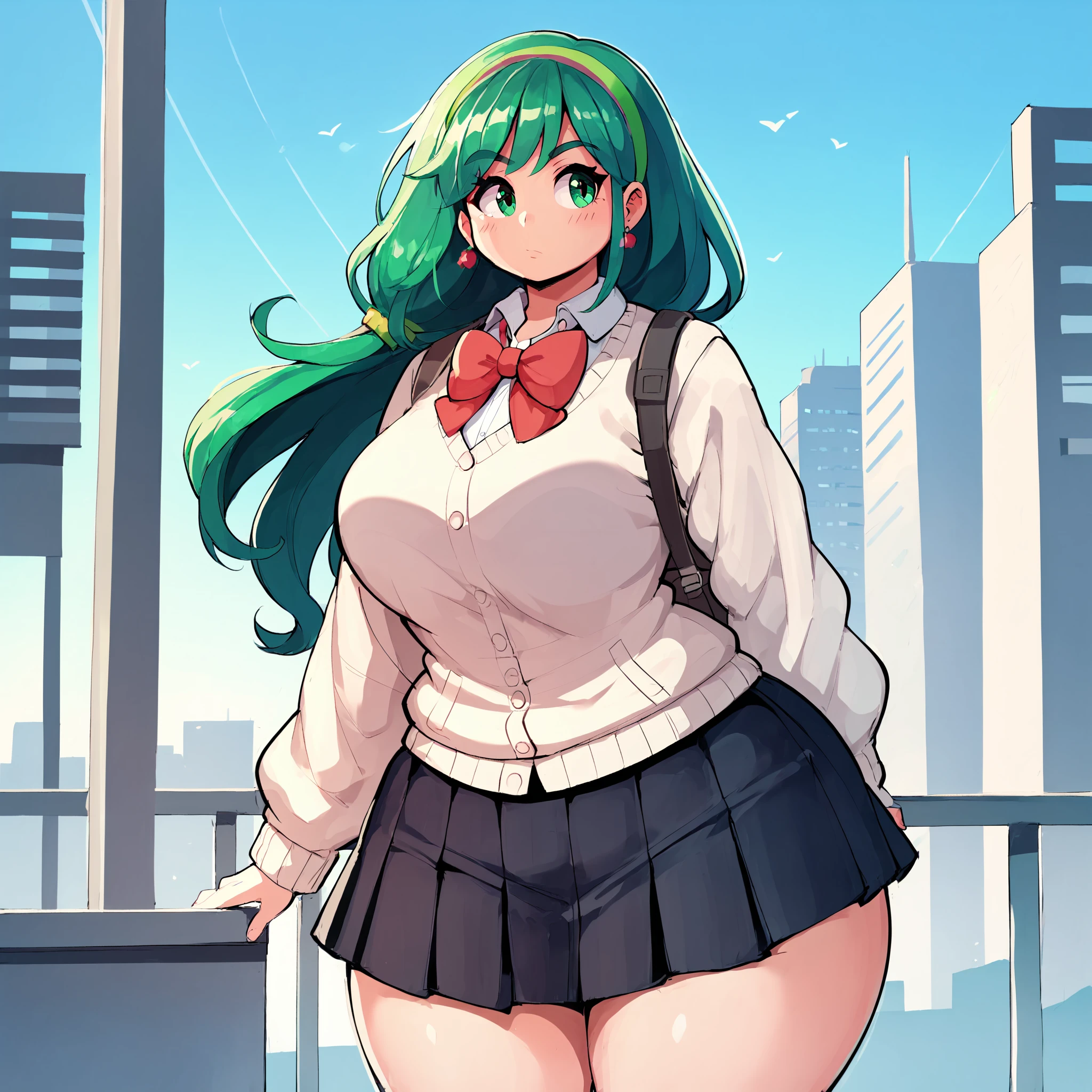 Fraction_9,Fraction_8_Direction_7_Direction_6_Direction_5_Direction_4_up,Green short hair,Green Eyes,Bow tied at the back of the head,Purple and sailor collar,Striped sailor suit,Blue pleated skirt,White socks,leather shoes,Bean Eyebrows,Wide hips,Thick thighs,Huge breasts,Huge ass,There is a bow at the back of the hair,Hair between the eyes,Sexy,Cute girl,Green Hair,Standing,Face it head on