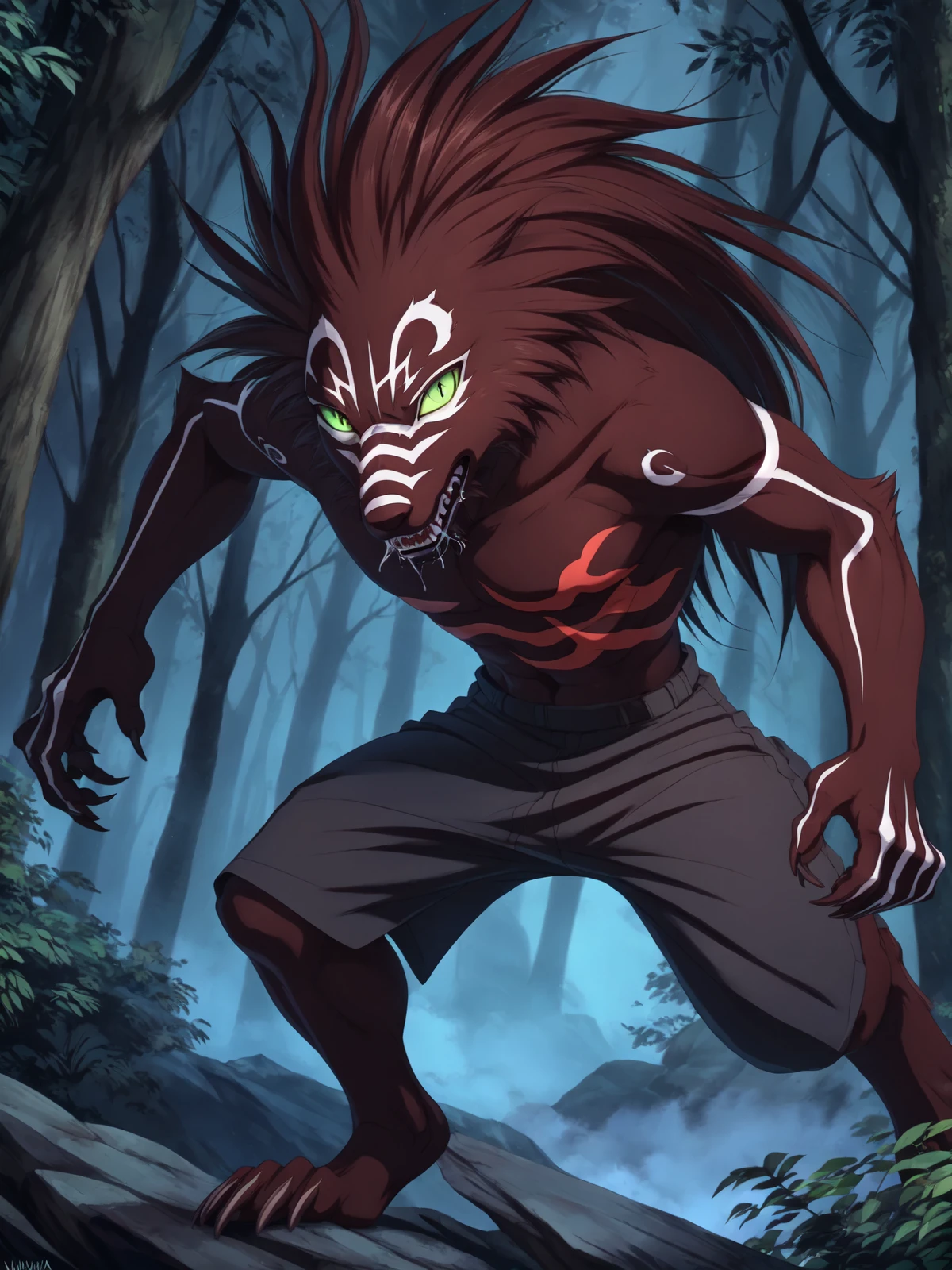 shishi0 standing in a dark forest looking at viewer with a hungry look, shishi0, were, werecanid, canid, mammal, menacing, dangerous,close-up, looking at you, angry,open mouth, mouth drool, bottomwear, clothing, topless, red body markings, ventral groove, teeth, fangs, detailed fur, coarse fur, male, feet, plantigrade, claws, male, solo, light green sclera, black pupils, slit pupils,5 fingers, cinematic lighting, anatomically correct, symmetrical, 4k, hi res, insanely detailed, detailed background, night, dark forest, natural light,dim light,low light, by nawka, by lunalei, by santanahoffman, by hale., by by tanutanuki, digital media (artwork), by personalami, by zackary911, by feralise, by ivan-jhang, <lora:shishi0_YM:0.9>