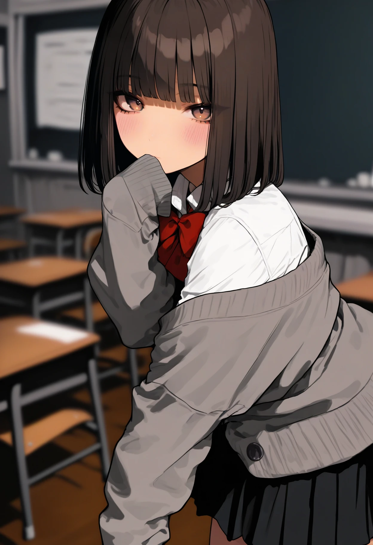 <lora:aosiai123SDXL:1>, best quality, masterpiece, aosiai123, 1girl, sleeves past wrists, classroom, black skirt, looking at viewer, school uniform, indoors, school desk, brown eyes, sleeves past fingers, white shirt, brown hair, grey cardigan, blurry background, blush, pleated skirt, school chair, covering own mouth, long sleeves, blunt bangs, medium hair, red bowtie, off shoulder, red bow, bob cut, collared shirt, chalkboard