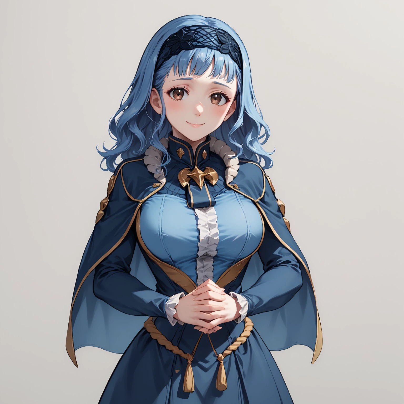 safe_pos, 1girl, (((blue_hair))), blush, breasts, brown_eyes, capelet, closed_mouth, dress, headband, large_breasts, long_hair, long_sleeves, looking_at_viewer, simple_background, smile, solo, full body, frills, lace_hairband, own hands together