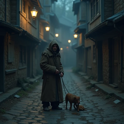 an image of a member of the beggar's guild standing in the middle of a dark street on a foggy night with a dog on the end of a piece of old rope