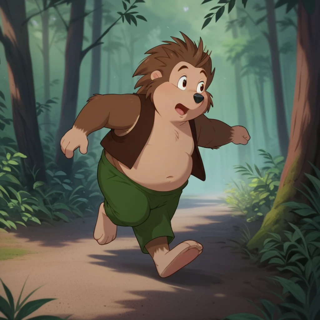 score_9, score_8_up, score_7_up, score_6_up, score_5_up, score_4_up, source_furry,Russellouaf, young anthro, male, hedgehog, brown fur, green pants, brown vest,  1boy, solo, forest, running, loose fitting pants, chubby, <lora:14ff72e6-19d0-4965-b63c-2eedb2adc070:0.7>