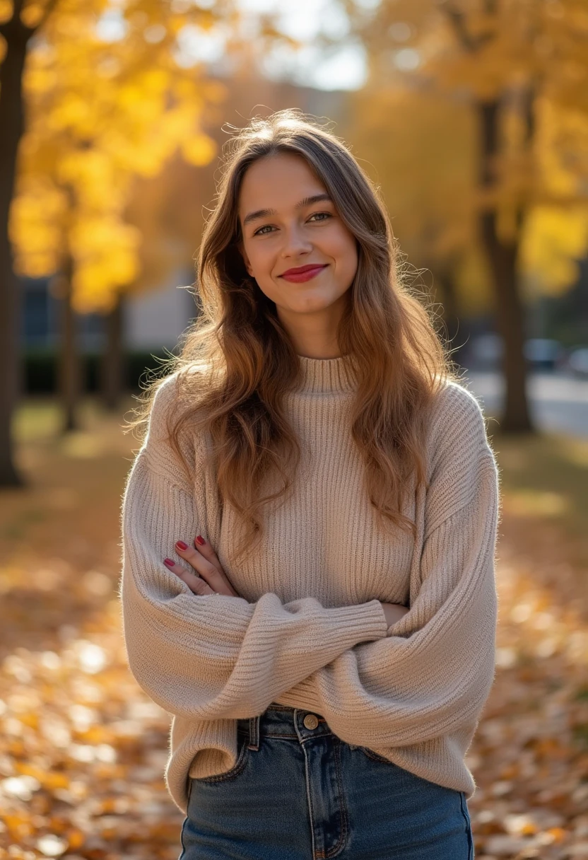 an amateur photo of lenaschilling, a smiling woman, wearing lipstick and modest casual autumn clothes and jeans on a sunny autumn day.