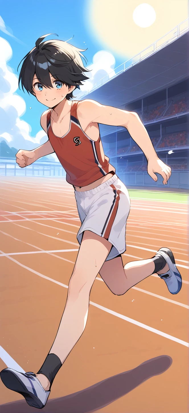 1boy,solo,male focus,track,track suit,running,breath,tank top,white shorts,sweatdrop,sun,midriff,horikawa_kunihiro,horikawa kunihiro,black hair,blue eyes,smile,from side