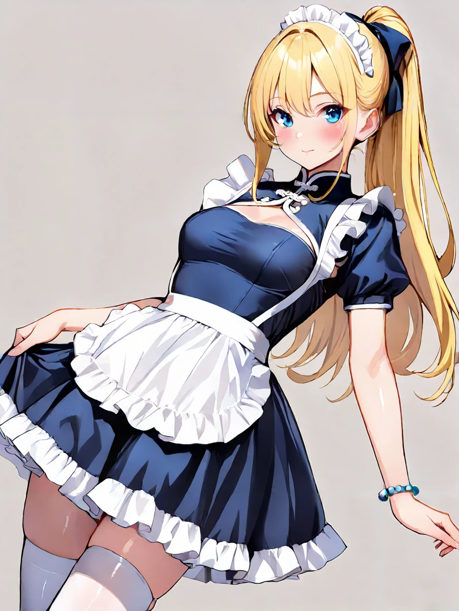 masterpiece,ultra-detailed,best quality,8K,illustration,cute face,clean skin ,shiny hair,1girl,ultra-detailed-eyes,simple background,dynamic angle,ponytail,blue eyes,yellow hair,long hair. <lora:china maid_illustrious_V1.0:0.7> jyojifuku, china maid,dress,apron, frills,thighhighs,blue dress