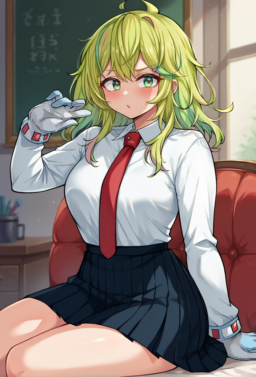 score_9,score_8_up,score_7_up BREAK <lora:tooruhagakure:1>,tooruhagakureSDXL,1girl,solo,long hair,green hair,multicolored hair,skirt,blonde hair,shirt,gloves,long sleeves,school uniform,white shirt,ahoge,pleated skirt,necktie,collared shirt,white gloves,black skirt,red necktie,black socks,cowboy shot,room,room background,sitting,