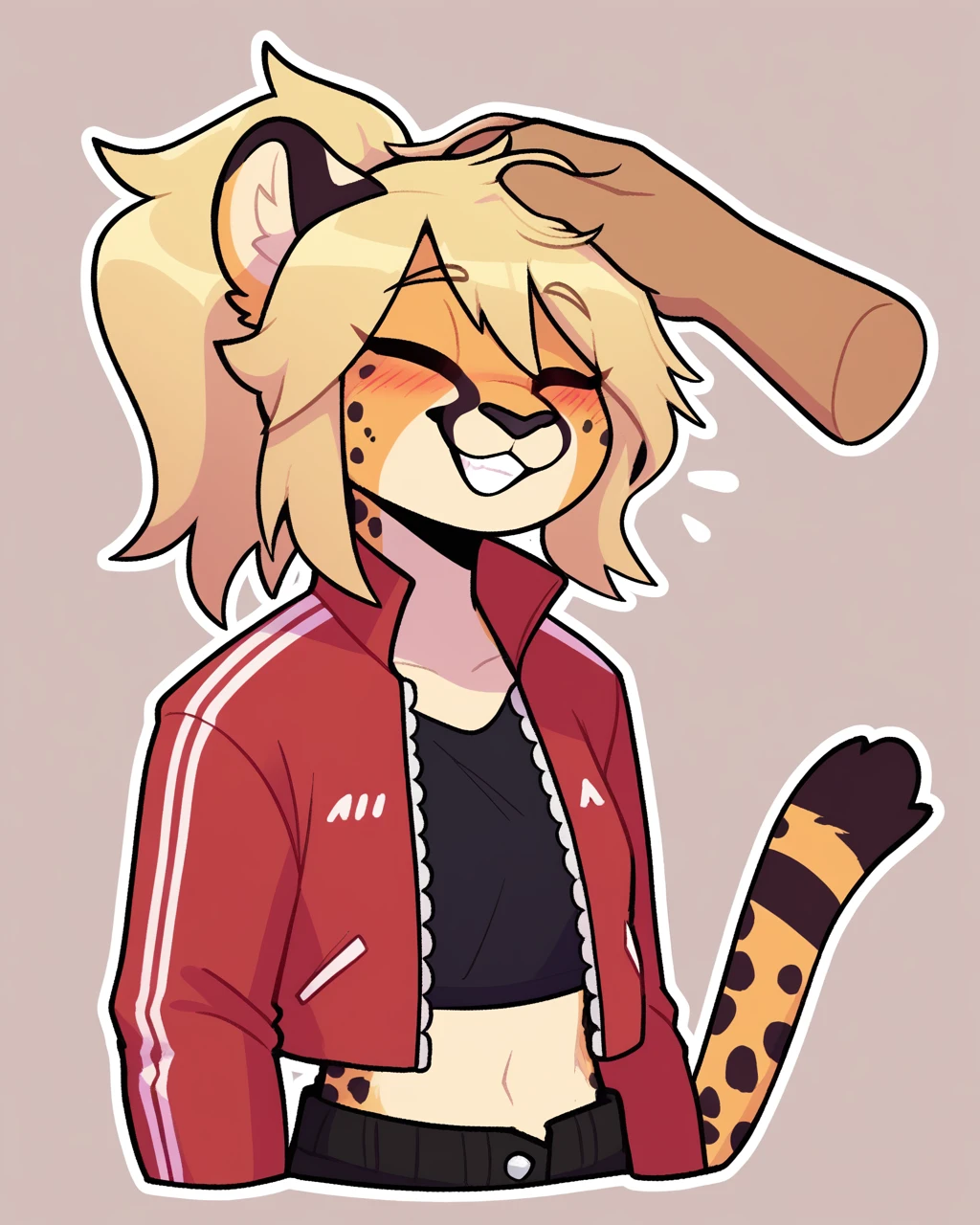 score_9_up, score_8_up, score_7_up, score_6_up, by remanedur, half-length portrait, cheetah, blonde hair, furry female, female, furry, eyes closed, solo, happy, blush, smile, three-quarter view, head tilt, tail, red jacket, black shorts, crop top, long hair, ponytail, fingerless gloves, open jacket, midriff, disembodied hand, petting, petting head, head pat, simple background, white outline,<lora:Leah_Pines(AIM)_XL_v1:0.25> <lora:PDXL_artist_tags_v2_big:0.5> <lora:The-Minuscule-Task_PDXL_v1.0:0.6> <lora:Reina_LiterallyTheFox:0.5>