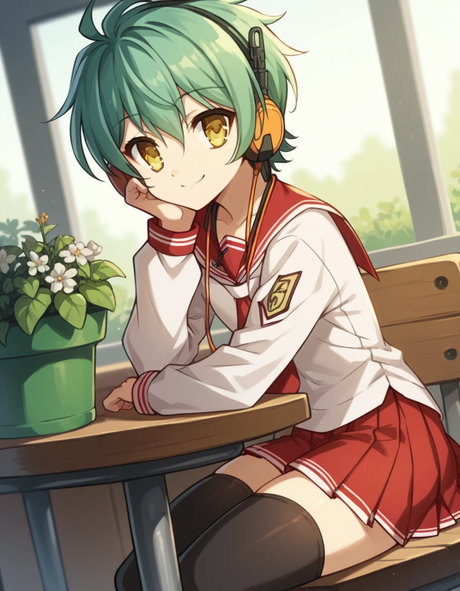 score_9, score_8_up, score_7_up, source_anime, <lora:hidannoaria-reki-s1-ponyxl-lora-nochekaiser:1>, reki, yellow eyes, green hair, headphones, short hair, skirt, thighhighs, school uniform, serafuku, zettai ryouiki, white shirt, long sleeves, red sailor collar, necktie, red necktie, red skirt, pleated skirt,, gardening, watering plants, backyard, flowers blooming, sunny day,, smile, sitting, head rest, table,, looking at viewer, solo,, dutch angle, cowboy shot