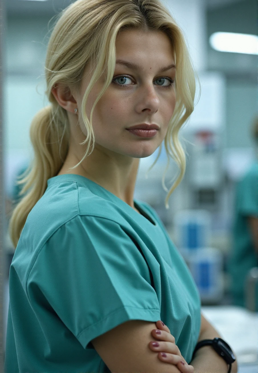 A professional stock photograph of a blonde-haired young woman, Jilly_Johnson, working as a nurse in a hospital, detailed skin, bokeh, SFW<lora:Jilly_Johnson-000018:1>