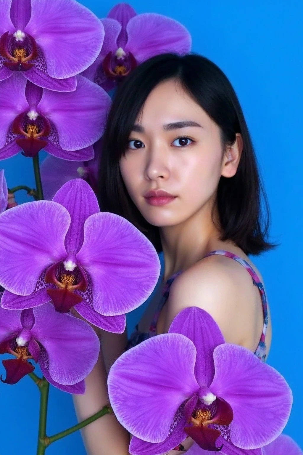 The image showcases a young asian woman. She is positioned against a strikingly vibrant blue background, which is filled with large violet orchids. The flowers dominate the composition, adding a dramatic and intense contrast to her skin tone and overall appearance.
The woman is dressed in sleeveless dress, Her expression is calm and slightly mysterious, with her gaze directed slightly to the side, away from the camera. The large flowers, some of which overlap with her figure, create a dreamy and surreal atmosphere, as if she is blending into or emerging from the floral background., <lora:flux_realism_lora:1>, ,<lora:makinaflux_aragakiyui_v1.0:1>