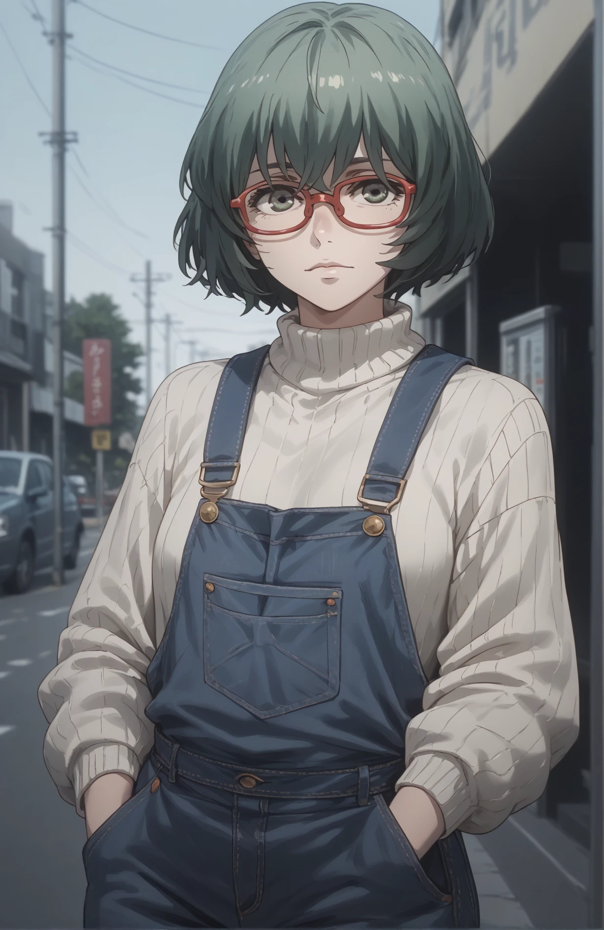 score_9,score_8_up,score_7_up,score_6_up,
, short hair, red-framed eyewear, semi-rimless eyewear, white sweater, overalls, 
, eto, 1girl, solo, green eyes, green hair,  <lora:eto yoshimura v1-000006:1>