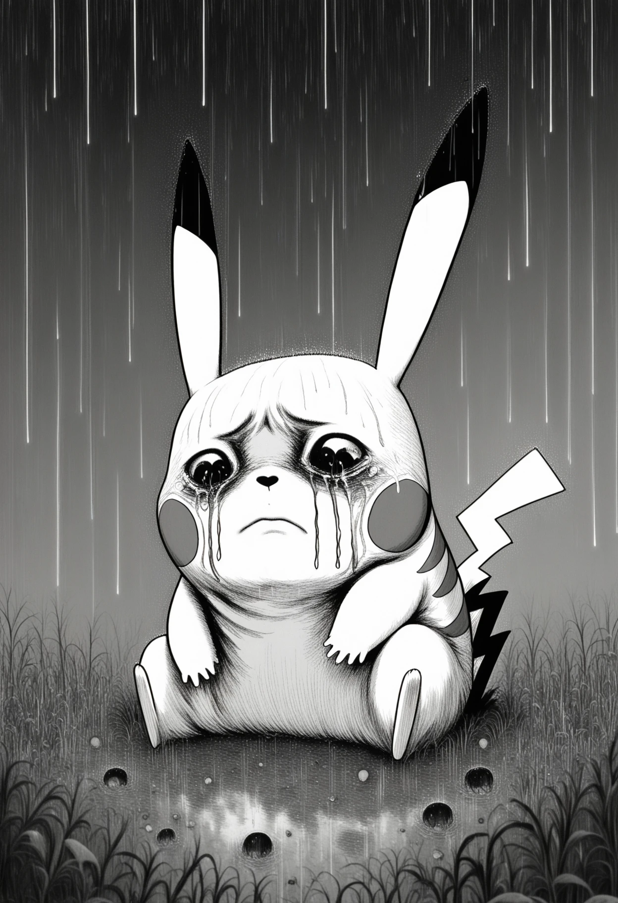 jitostyle, monochrome, greyscale, horror (theme), safe_pos, score_9, score_8_up, score_7_up, 1boy, solo, pikachu, pokemon (creature), sad, crying, rain, sitting, field