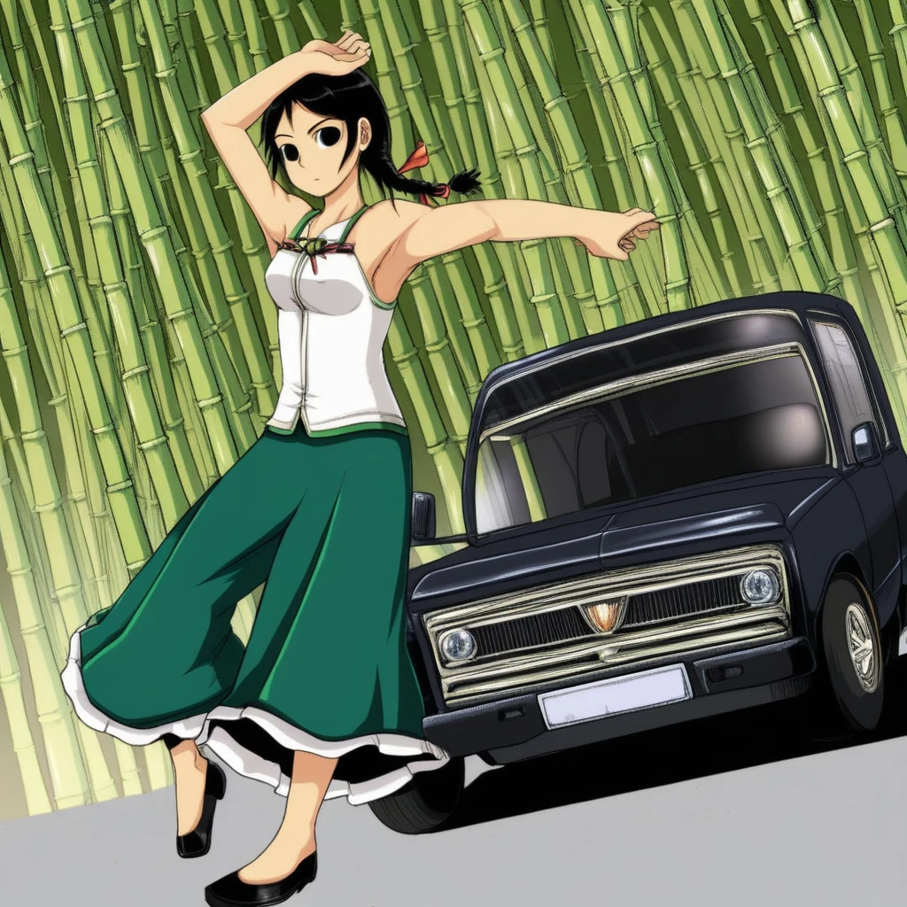 black eyes, braid, flats, ribbon, armpits, pants, skirt, green, bamboo, motor vehicle